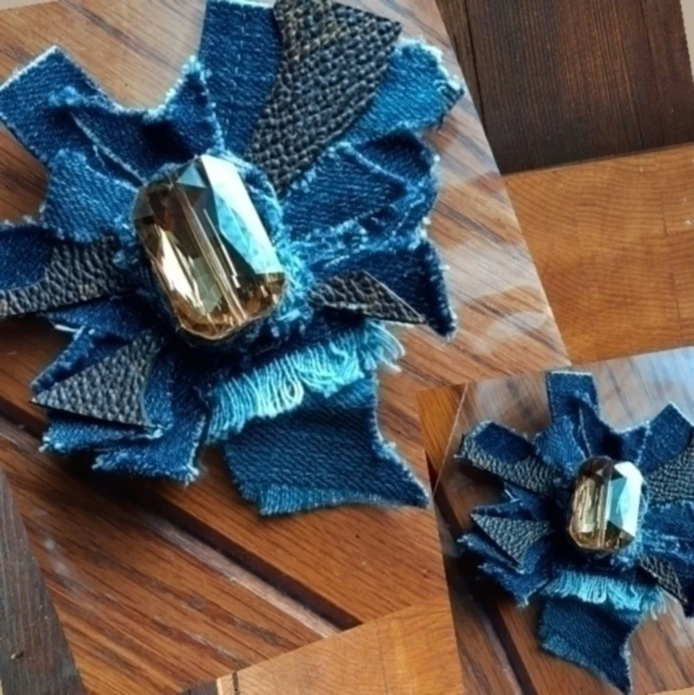 Tasty Raw Edge Denim Coco Gem Badge Brooch